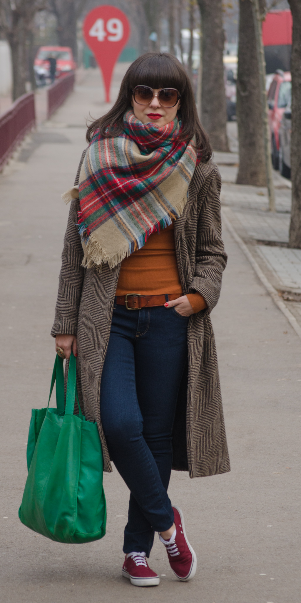 clasic brown fall coat thrifted burgundy h&m sneakers burnt orange turtleneck over-sized scarf colorful green red christmas bag zara indigo jeans skinny bangs hair